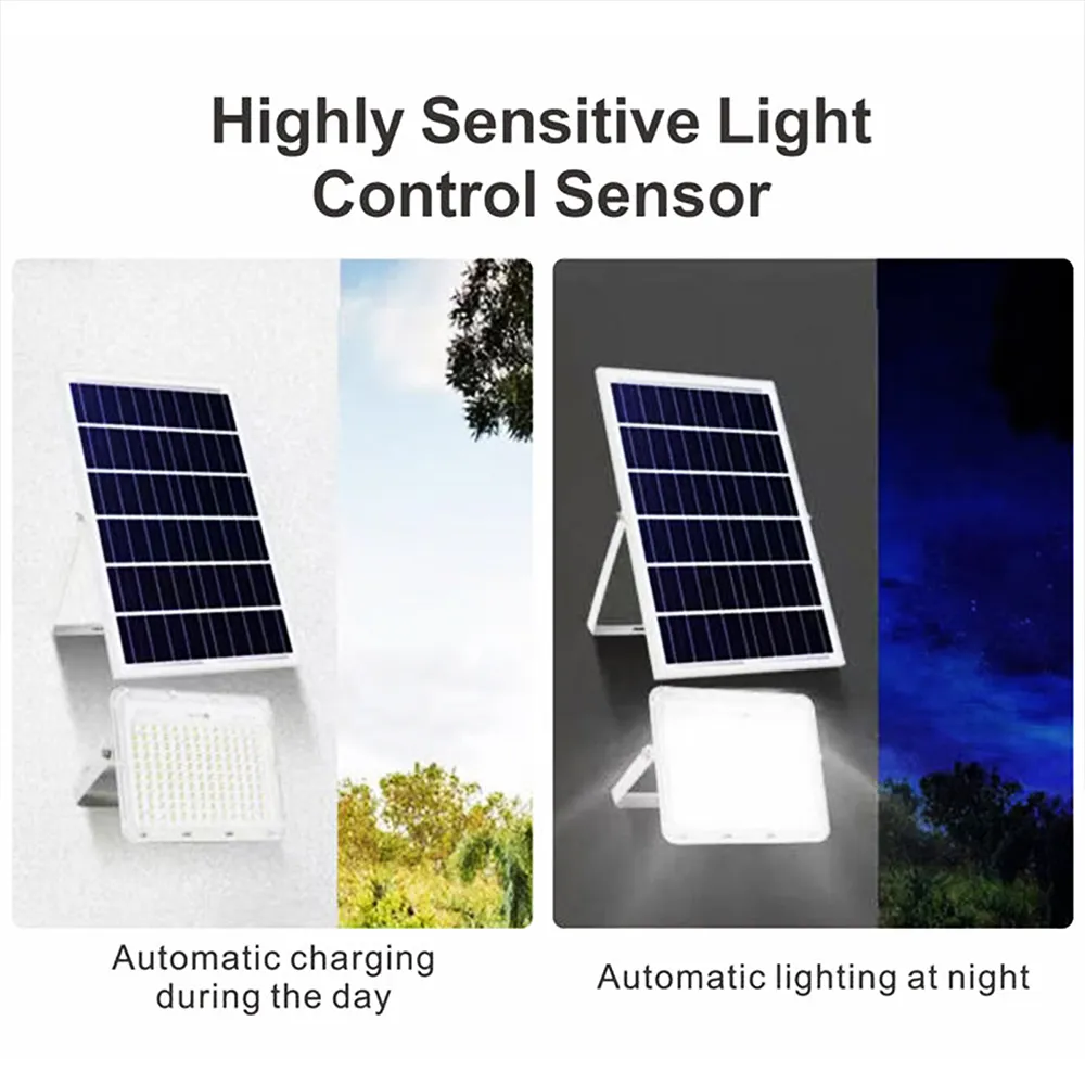 White solar flood light with sensitive light sensor, automatically charges by day and turns on lighting at night for exterior wall installation.