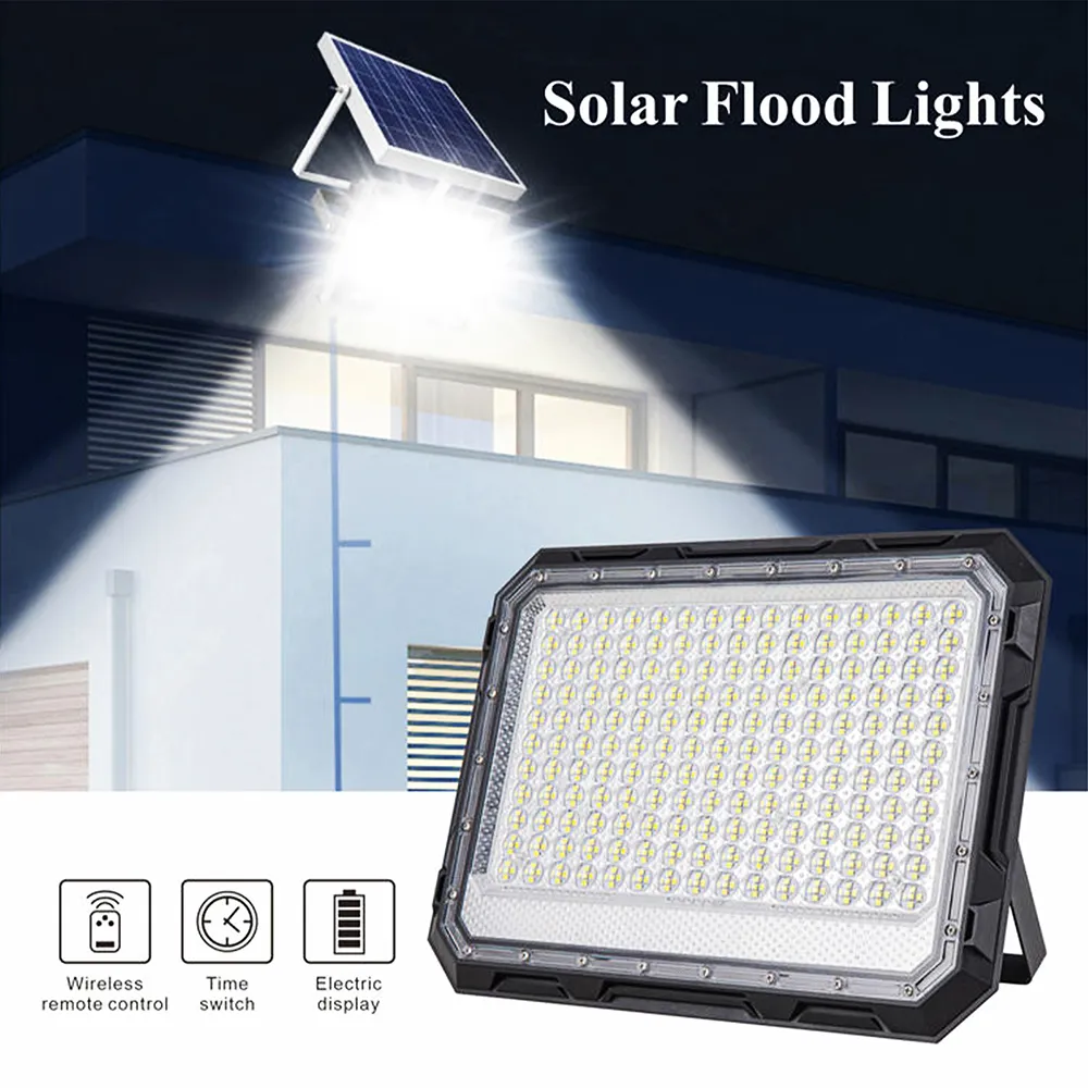 Black aluminum outdoor solar flood light mounted on house wall, equipped with wireless remote, time switch and battery electric display.