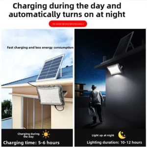 Grey plastic solar floodlight with light sensor, charges 5-6h by day and lights 10-12h automatically at night for roof and corridor outdoor lighting.