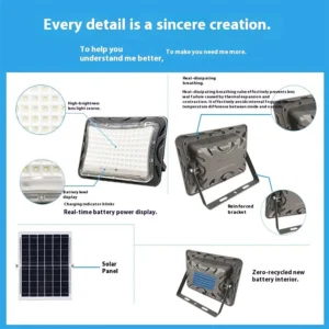 Grey plastic solar floodlight with high-brightness lens, heat-dissipating structure, reinforced bracket and real-time battery display for long-time outdoor use.