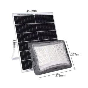 Aluminum-plastic solar floodlight with complete dimension parameters display, showing the exact size of lamp body and matched solar panel.