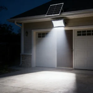 Flood lights installed on garage eave at night, delivers wide bright illumination for driveway and entrance outdoor area with stable solar power supply.