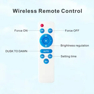 White plastic wireless remote controller matched for solar flood light, supports auto dusk-to-dawn, brightness adjust and multiple timing settings.