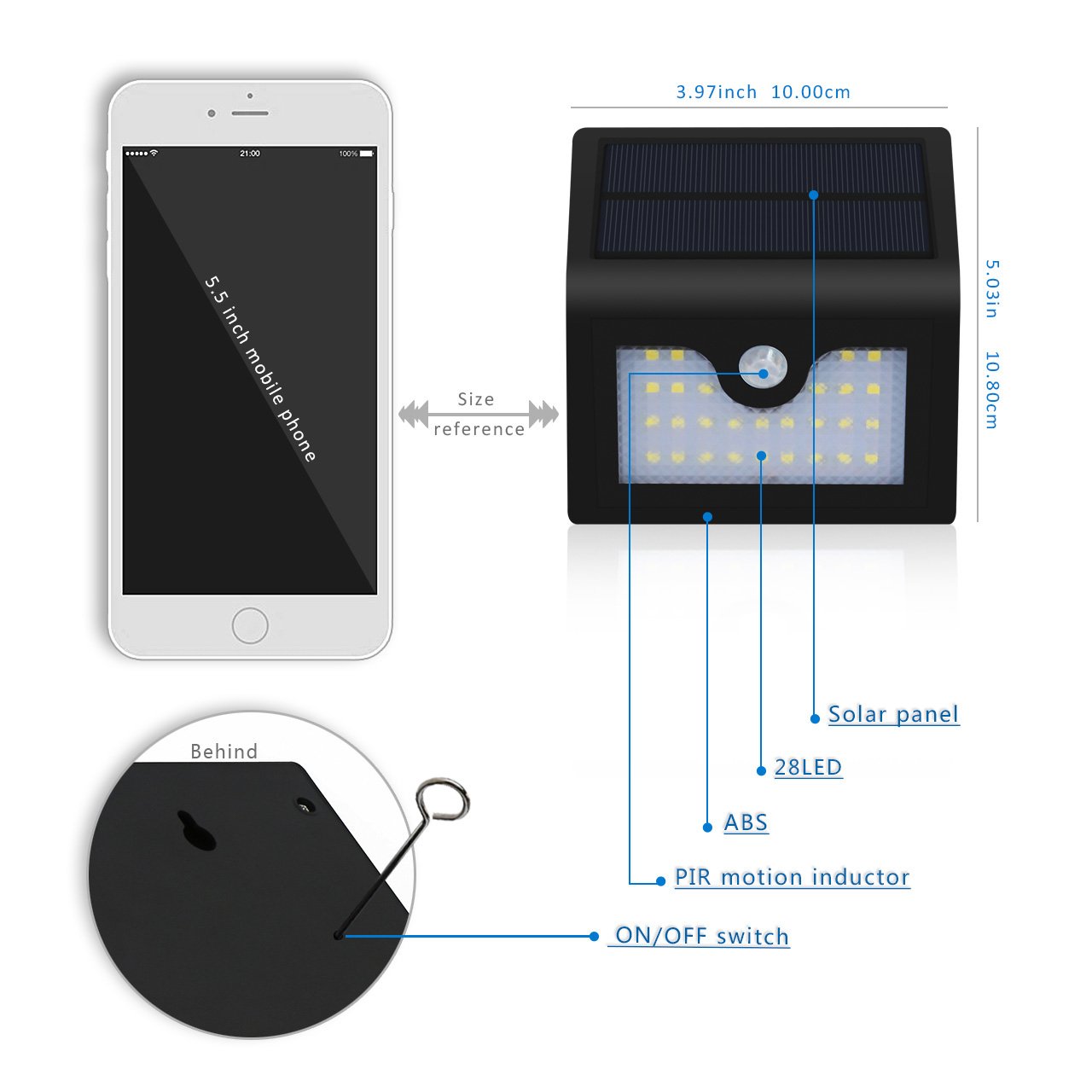 The size and details of the outdoor triangular wall lamp, with a pinhole switch on the back