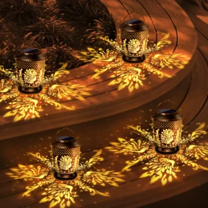 multiple bronze solar peacock projection lanterns placed on wooden steps, casting elegant peacock light patterns.