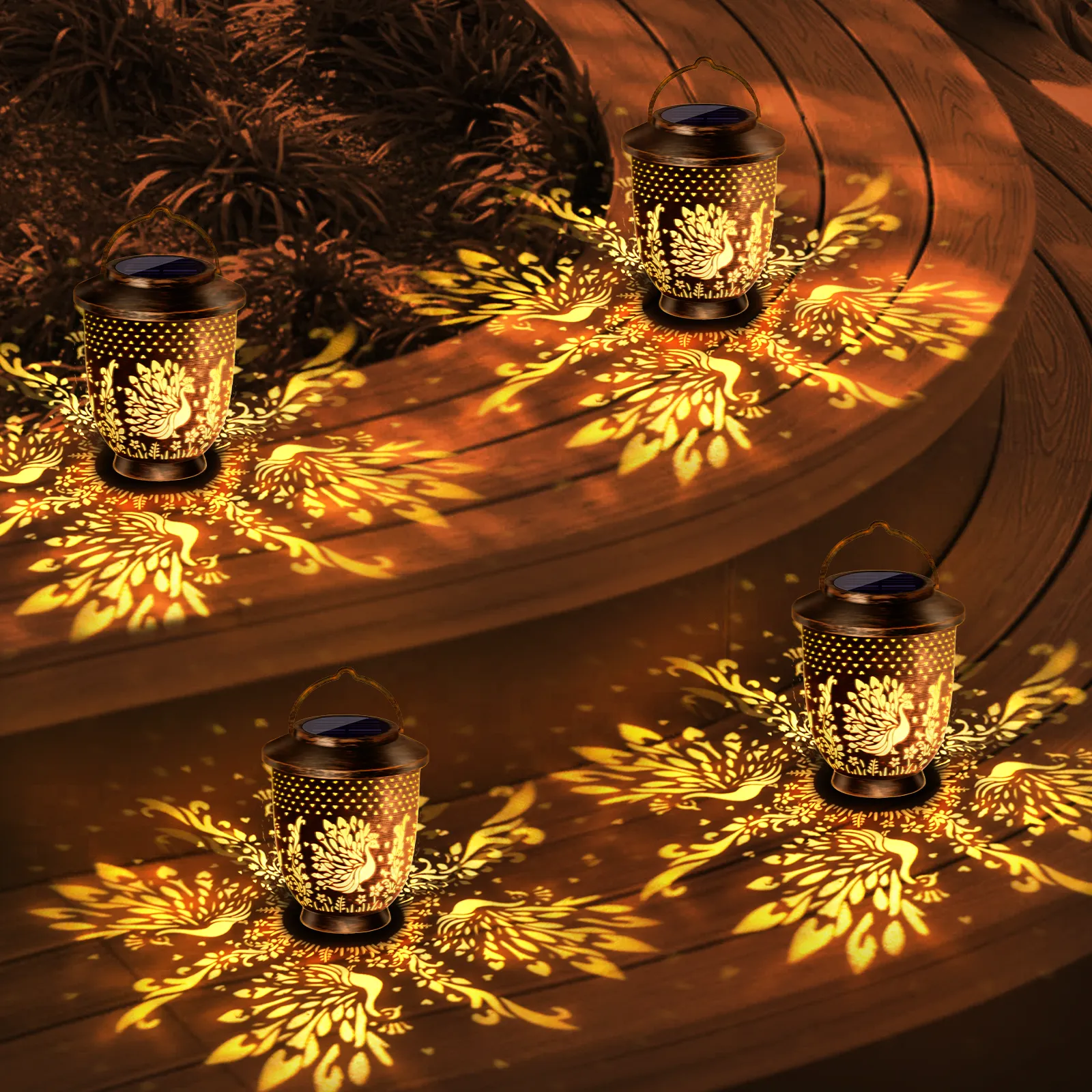 multiple bronze solar peacock projection lanterns placed on wooden steps, casting elegant peacock light patterns.