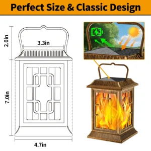 Classic antique bronze solar lantern dimension chart, solar panel auto charging for backyard.