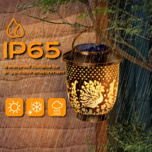 IP65 waterproof bronze solar peacock projection lantern, weather resistant for rain snow sun.