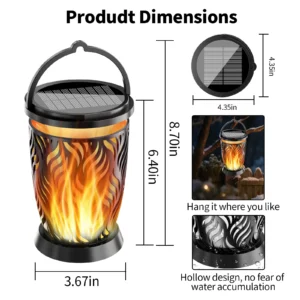 dimension diagram for black solar hanging flame lantern, displays product size, hanging feature and waterproof hollow structure.