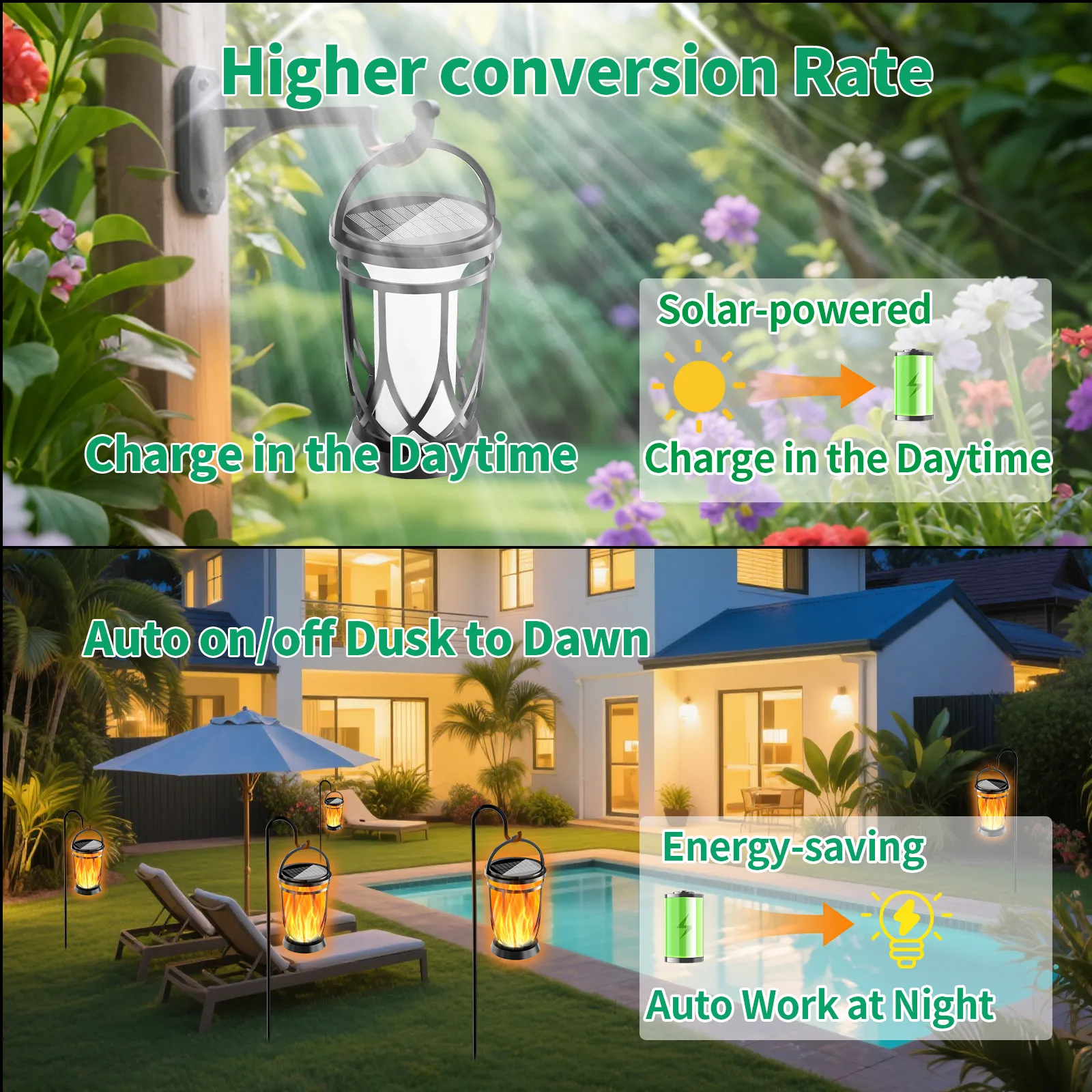 solar hanging light auto dusk to dawn working, daytime charging for patio pool backyard.