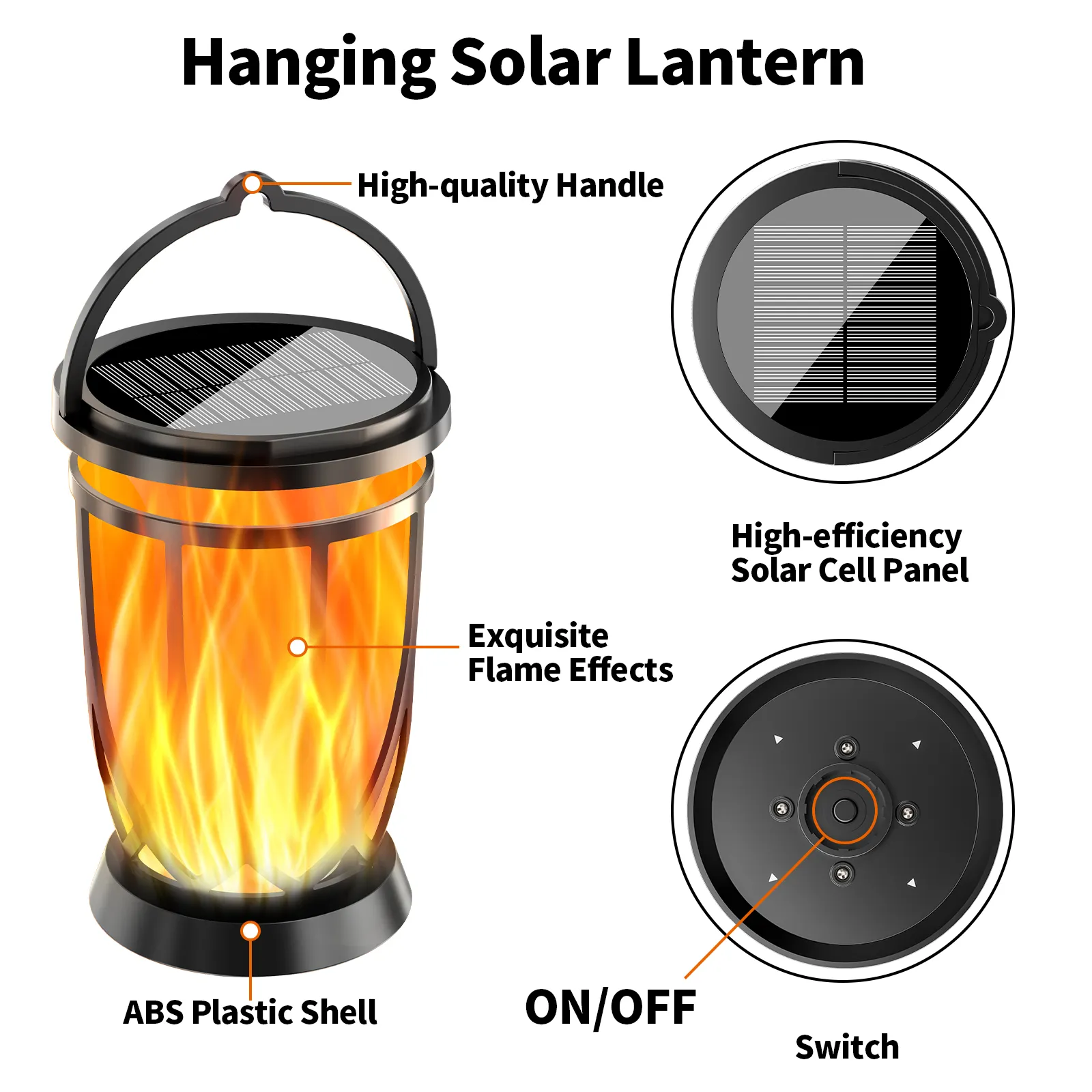 Detail view of plastic hanging lantern, show solar panel, on off switch and vivid flickering flame effect.