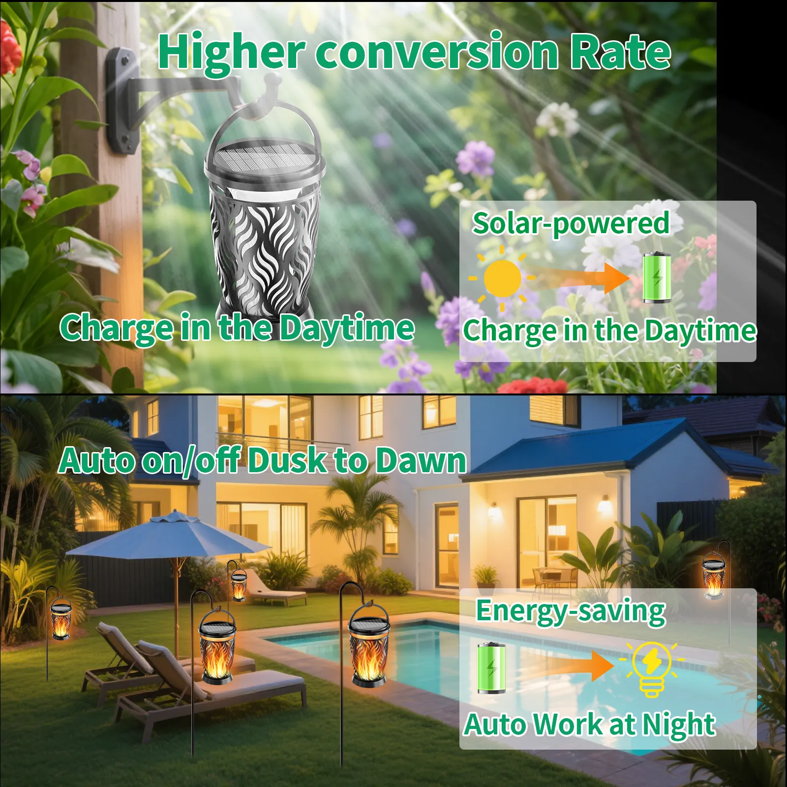 black solar hanging lantern demonstrates daytime solar charging and auto dusk‑to‑dawn working for backyard.