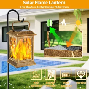 High efficiency bronze square solar flame lantern with solar panel, durable ABS for garden ambient light.