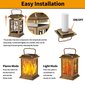 Detachable bronze square solar lantern, flame & steady light two modes with on off switch.