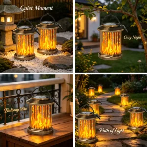 led bronze vertical flame lamp, multiple units create cozy warm outdoor night ambient lighting.