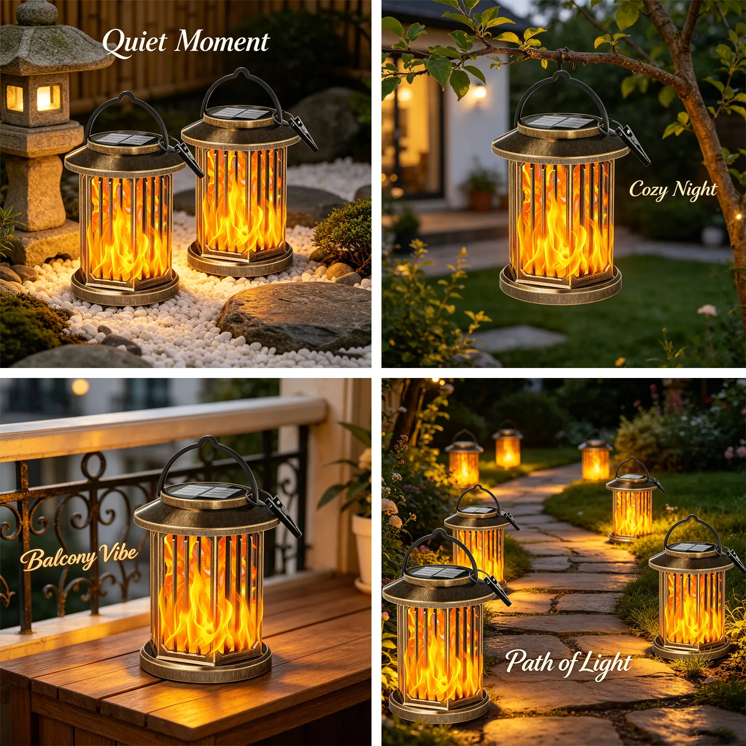 led bronze vertical flame lamp, multiple units create cozy warm outdoor night ambient lighting.