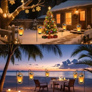 solar hanging flame lantern for christmas holiday, snowy yard and beach dinner outdoor ambient lighting decoration.