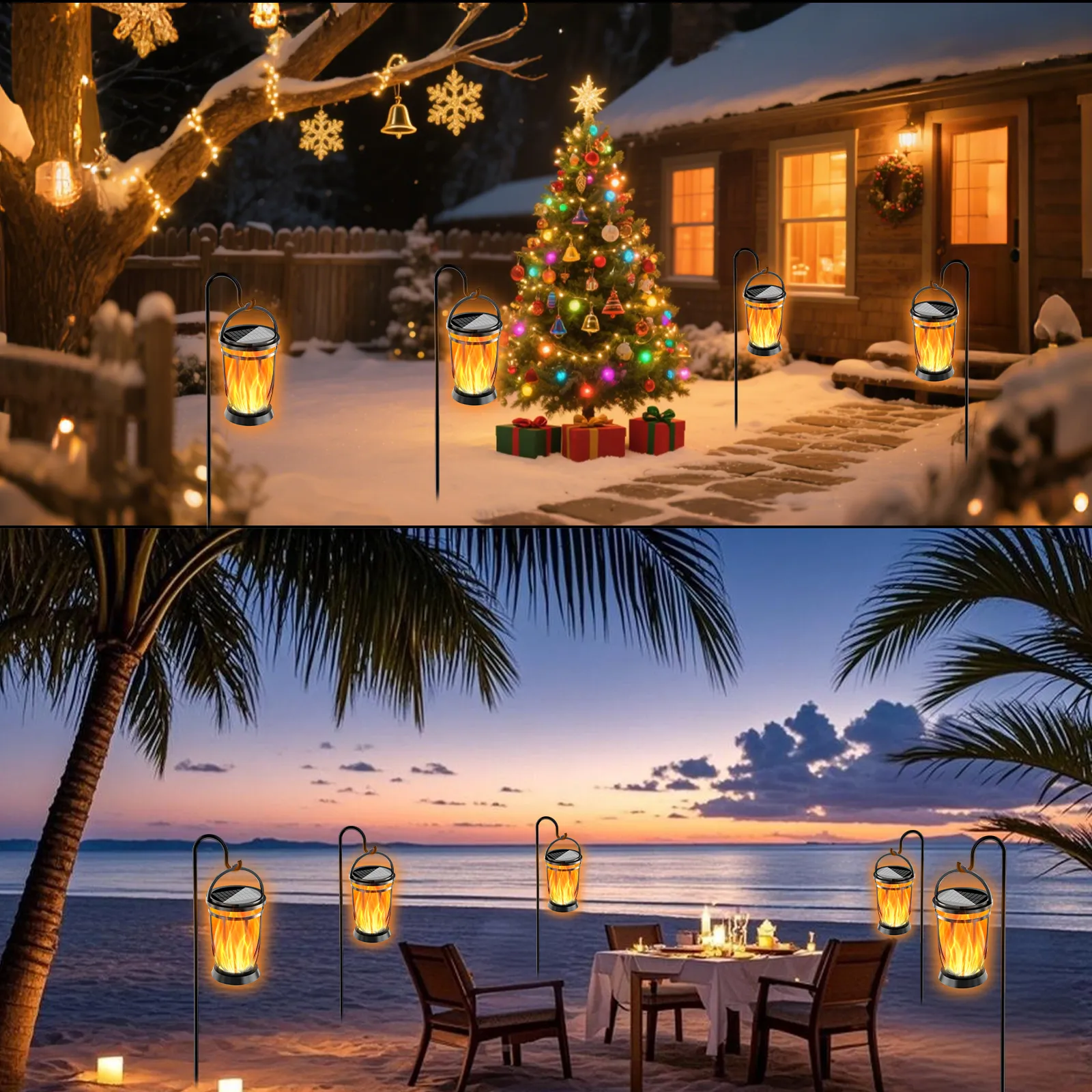 solar hanging flame lantern for christmas holiday, snowy yard and beach dinner outdoor ambient lighting decoration.