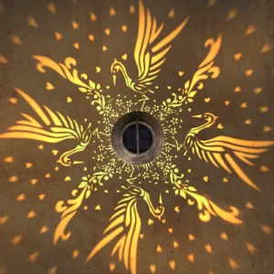 top‑down view of bronze solar lantern, exquisite crane pattern warm projection effect for courtyard.