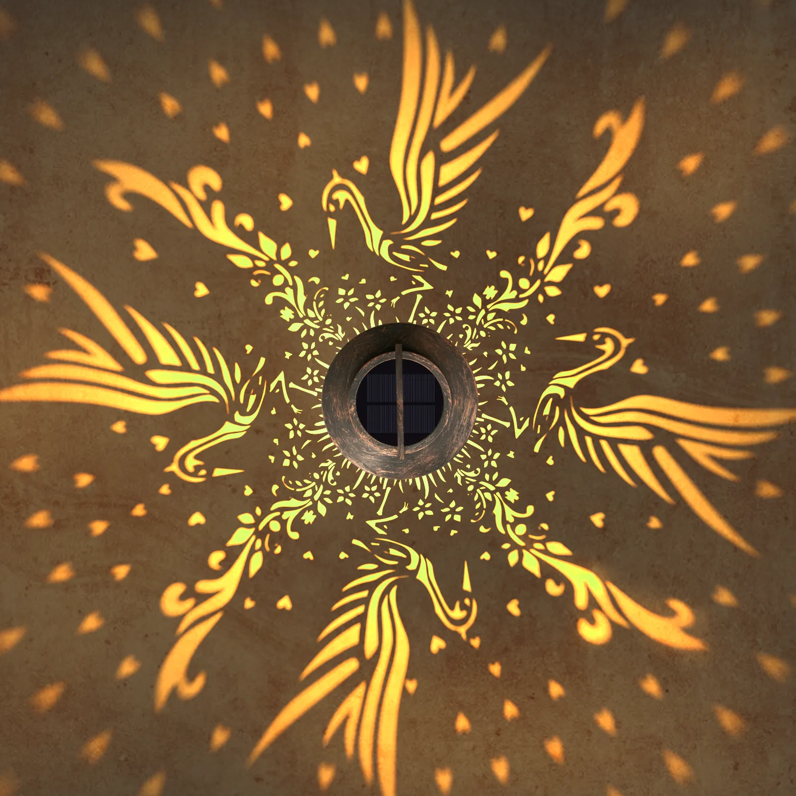 top‑down view of bronze solar lantern, exquisite crane pattern warm projection effect for courtyard.