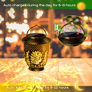 bronze solar peacock projection lantern with auto day charging and night lighting, long working hours for backyard.