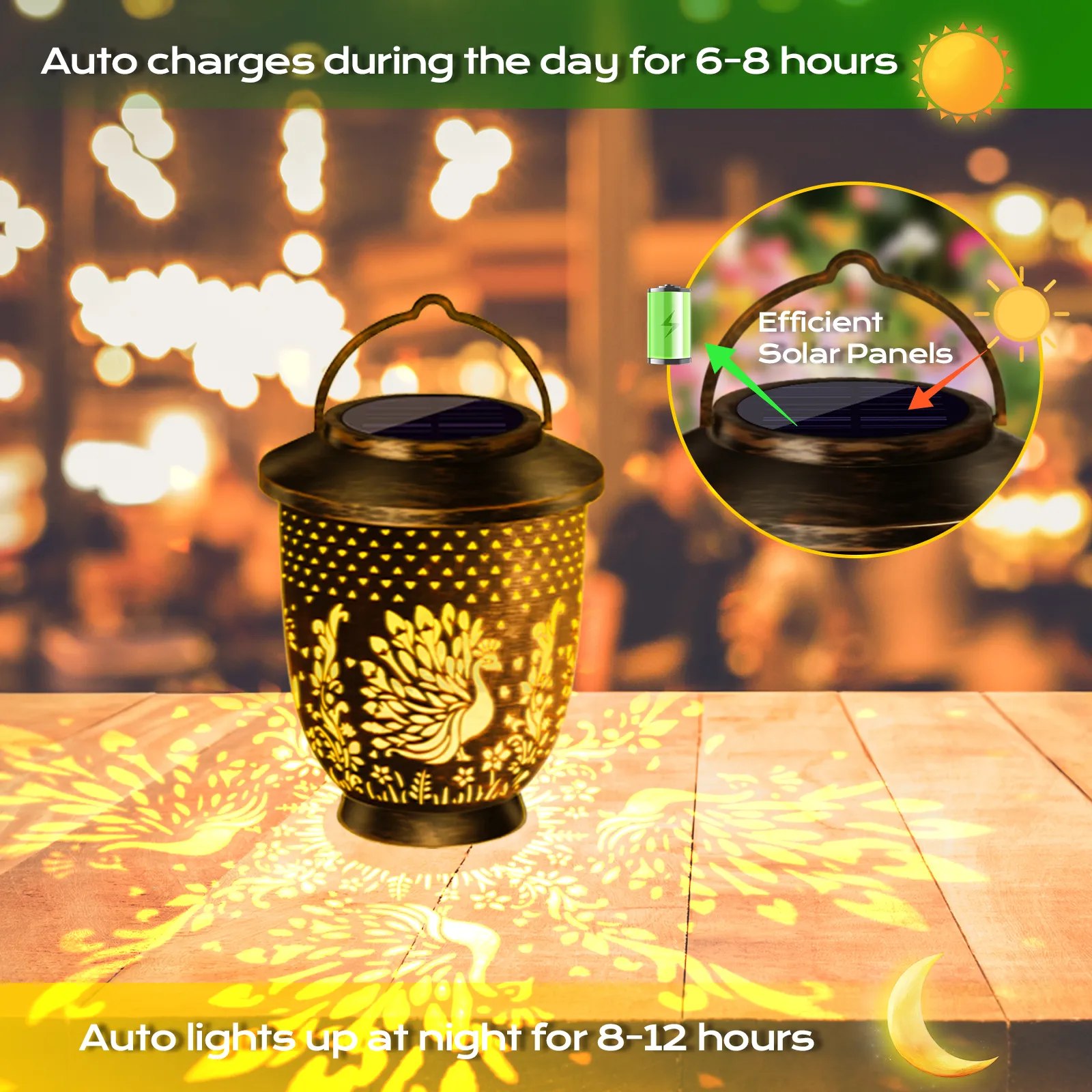 bronze solar peacock projection lantern with auto day charging and night lighting, long working hours for backyard.
