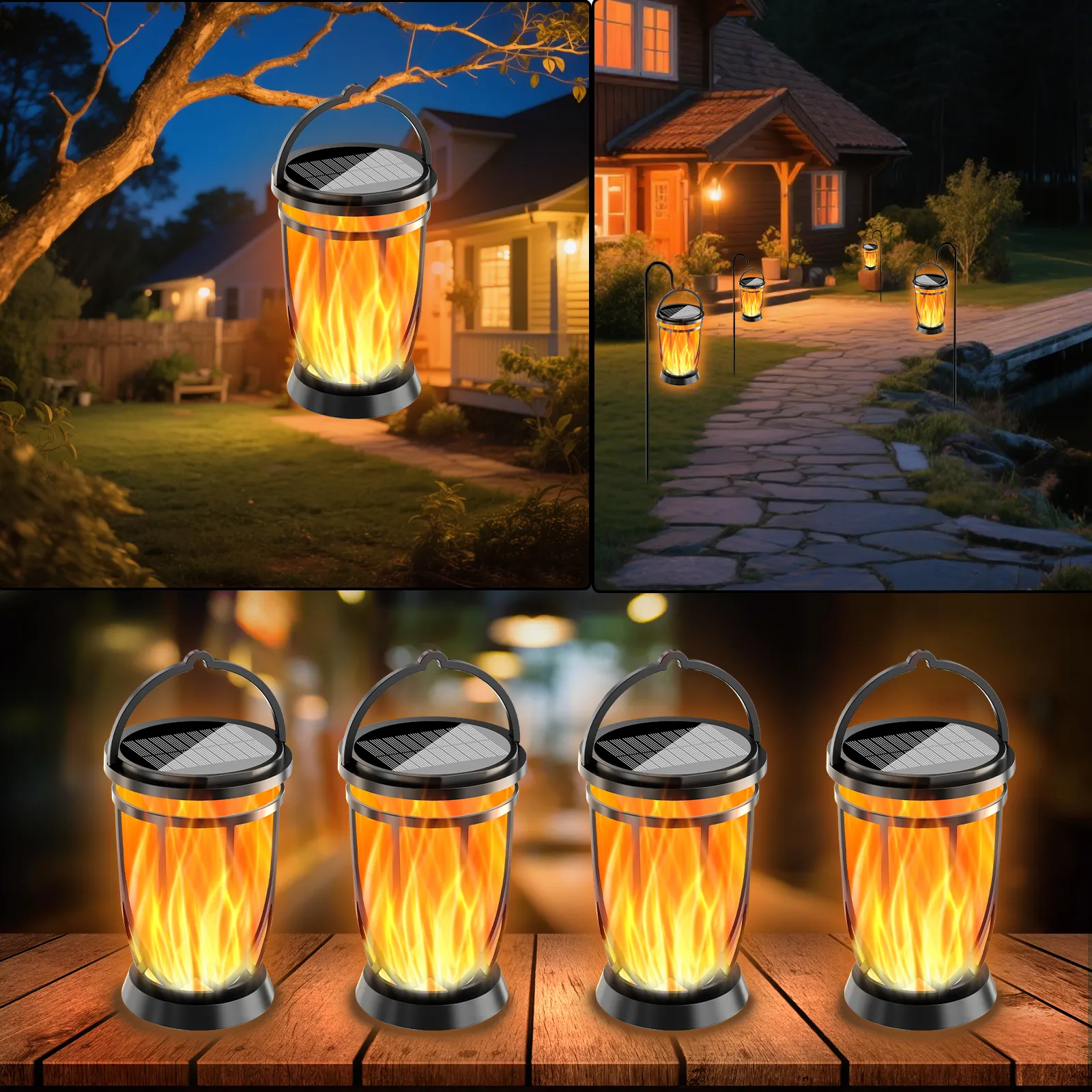 Black solar flame lantern applied in backyard lawn, pathway and patio, warm flickering flame night lighting decor.