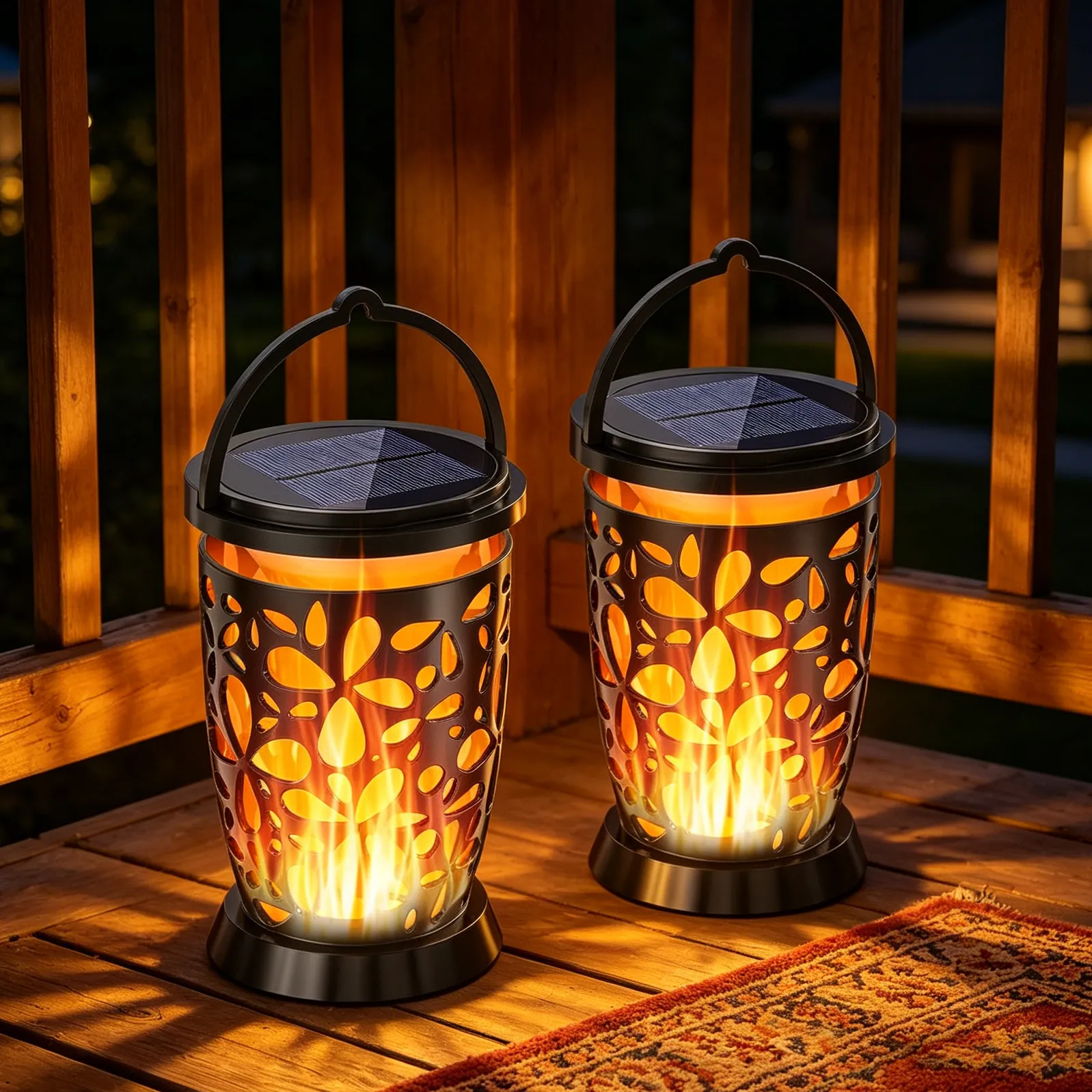 two black solar flame lanterns placed on wooden deck, warm flickering flame light for patio.