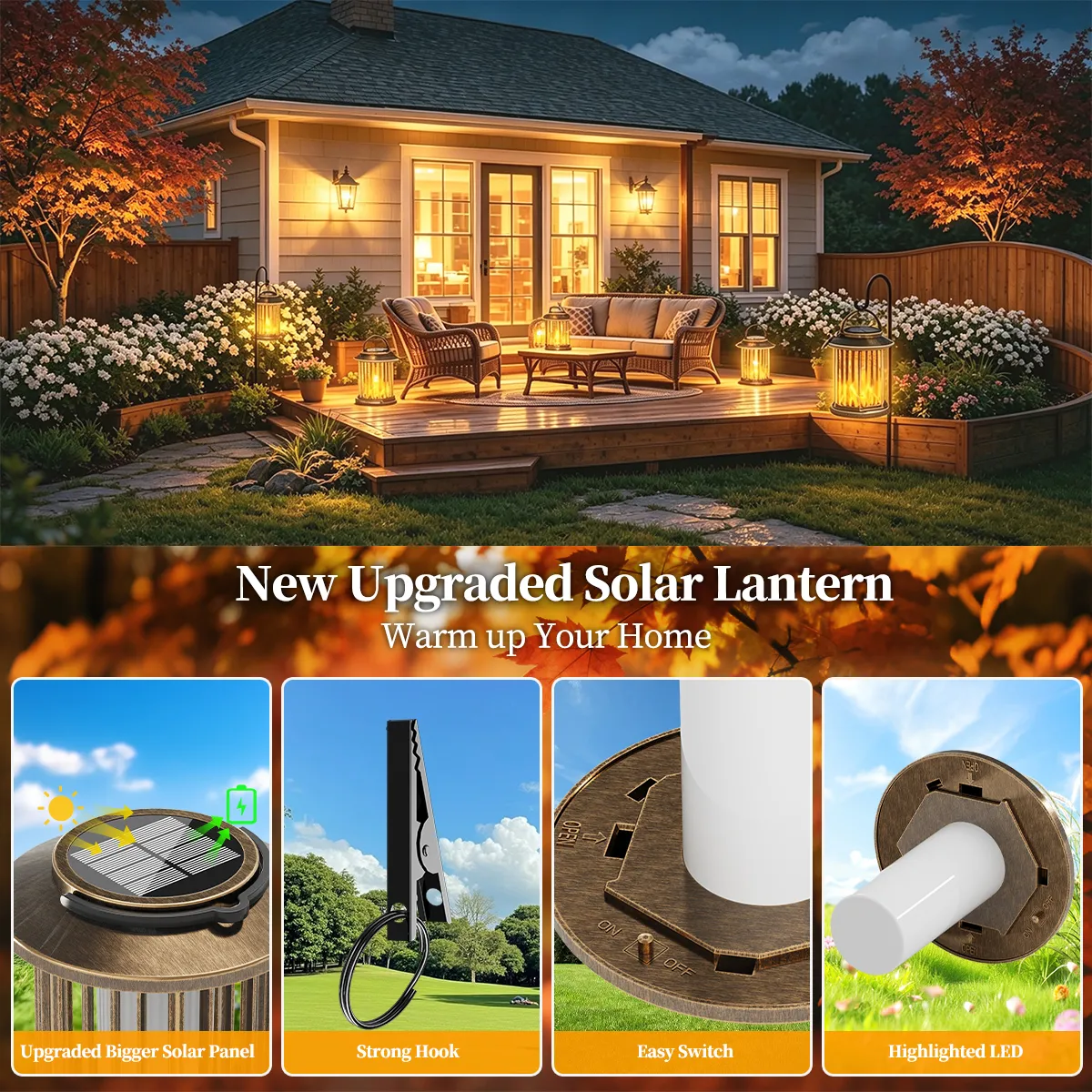 solar panel hook switch led, decorate backyard patio deck outdoor residential garden space.
