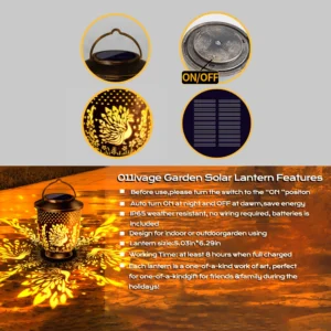 feature overview of bronze solar peacock projection lantern, auto on off, ip65 waterproof, perfect gift for outdoor.