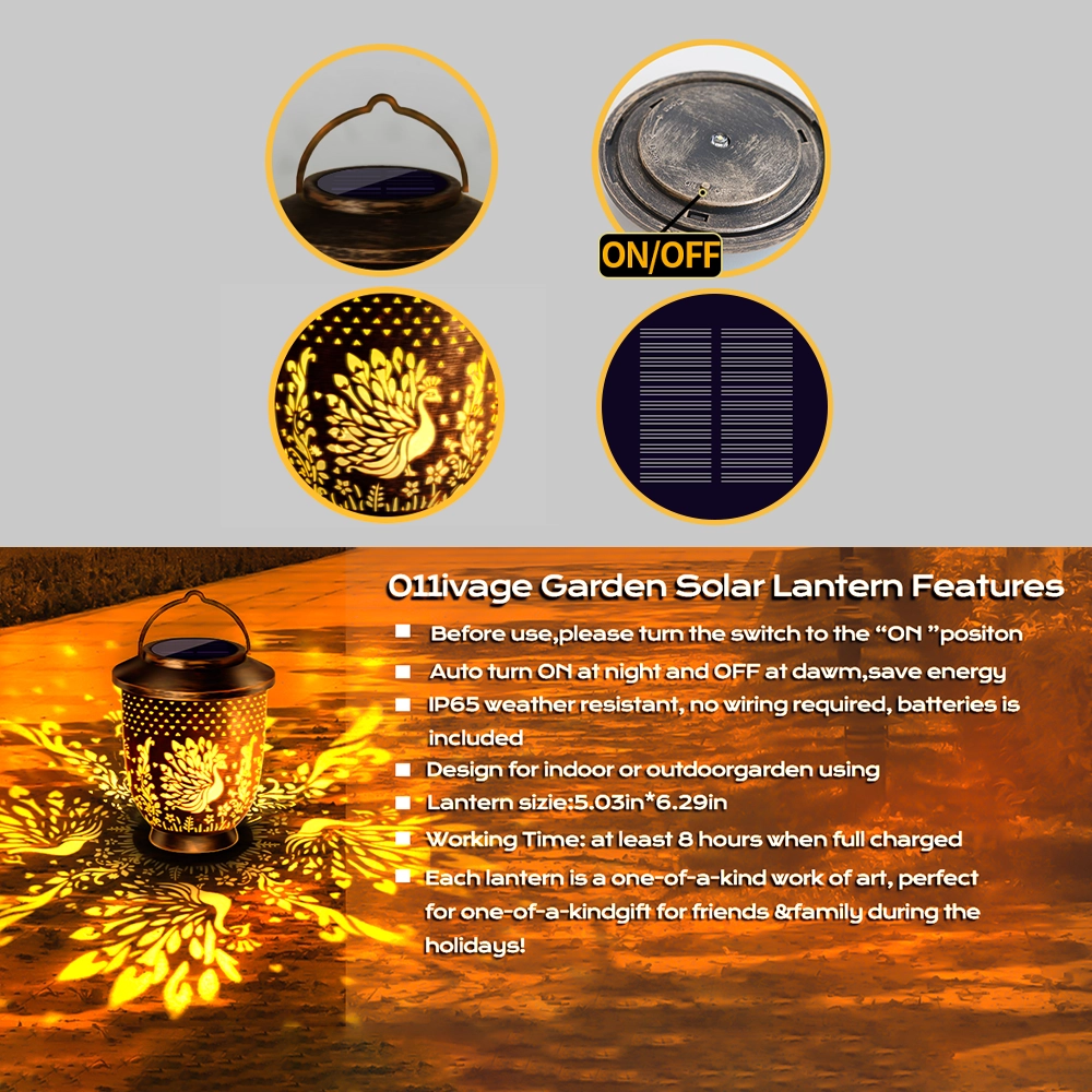 feature overview of bronze solar peacock projection lantern, auto on off, ip65 waterproof, perfect gift for outdoor.