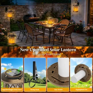 Upgraded antique bronze solar flame light feature display, larger solar panel, sturdy hook, easy switch and bright LED for decoration.