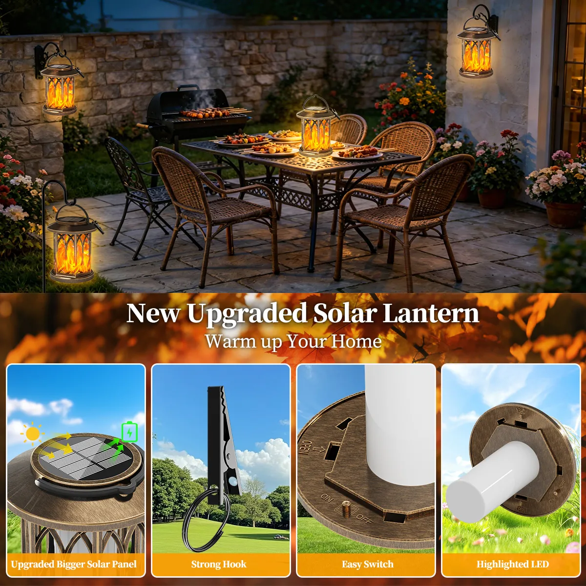 Upgraded antique bronze solar flame light feature display, larger solar panel, sturdy hook, easy switch and bright LED for decoration.