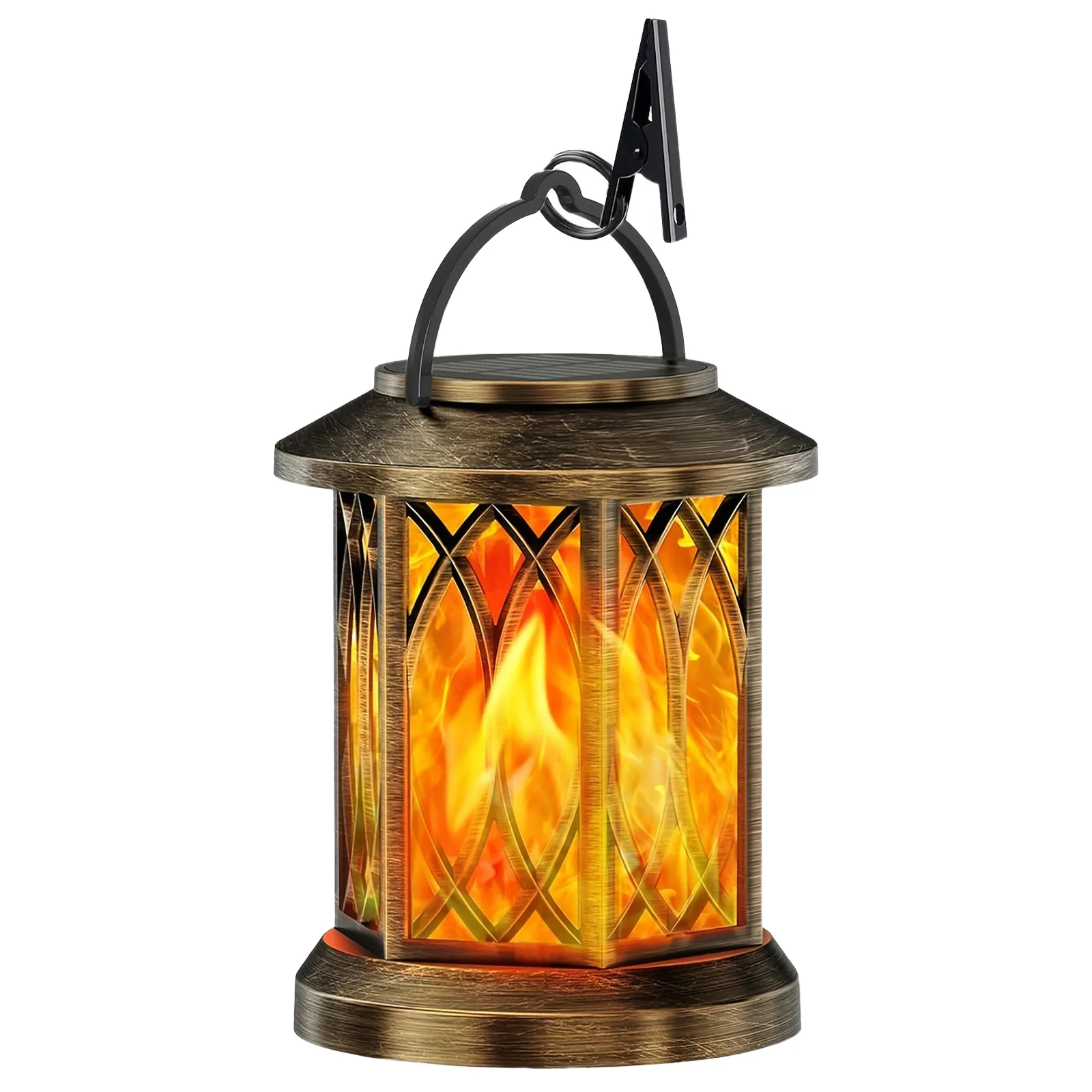 Solar hanging lantern with flickering flame effect, antique bronze finish.