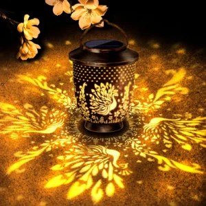 vintage bronze solar peacock projection lantern, casting beautiful peacock pattern lights for outdoor.