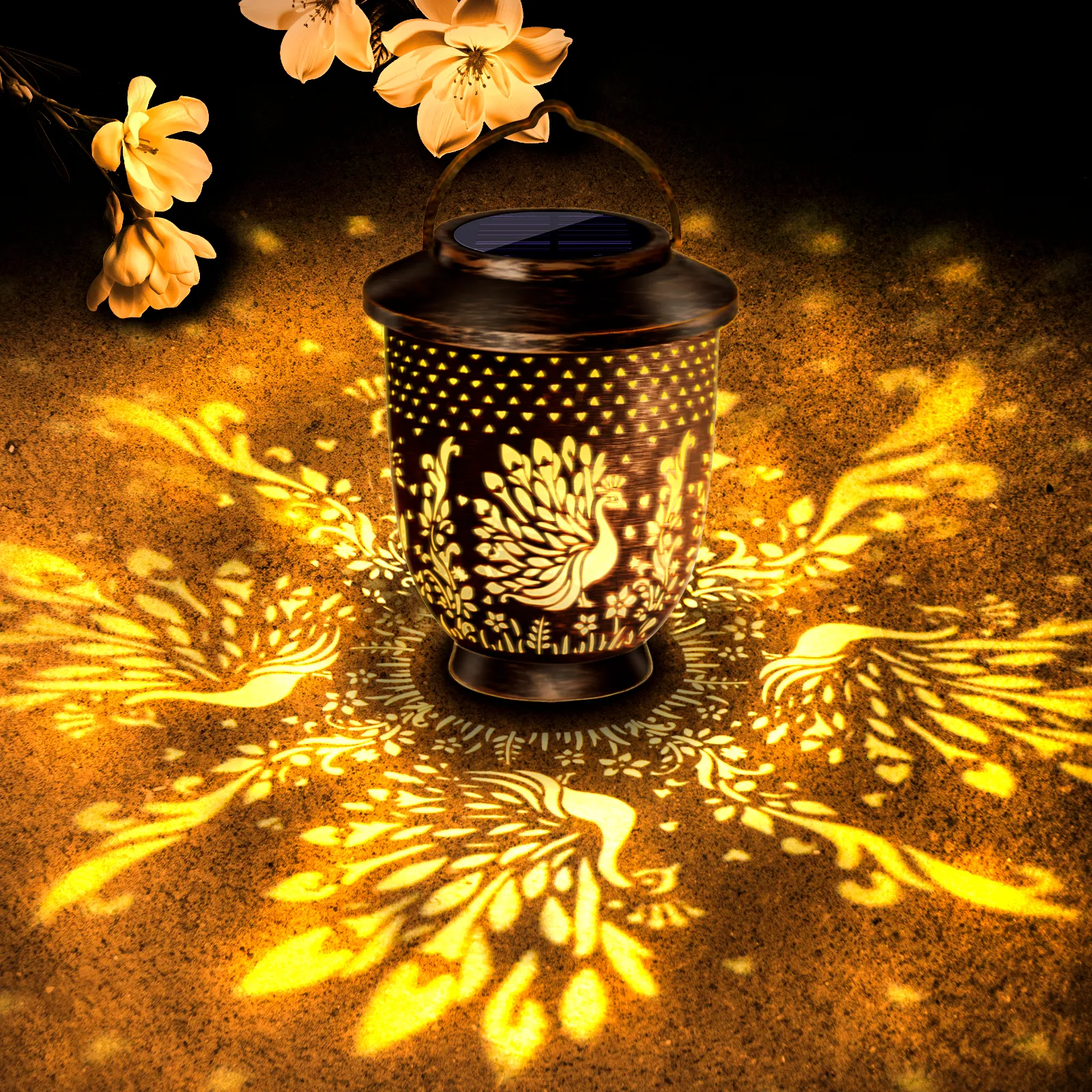 vintage bronze solar peacock projection lantern, casting beautiful peacock pattern lights for outdoor.