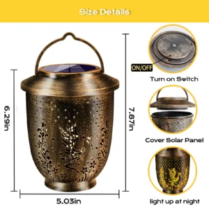 crane projection lantern size details, show dimension, on‑off switch, solar panel structure for outdoor.