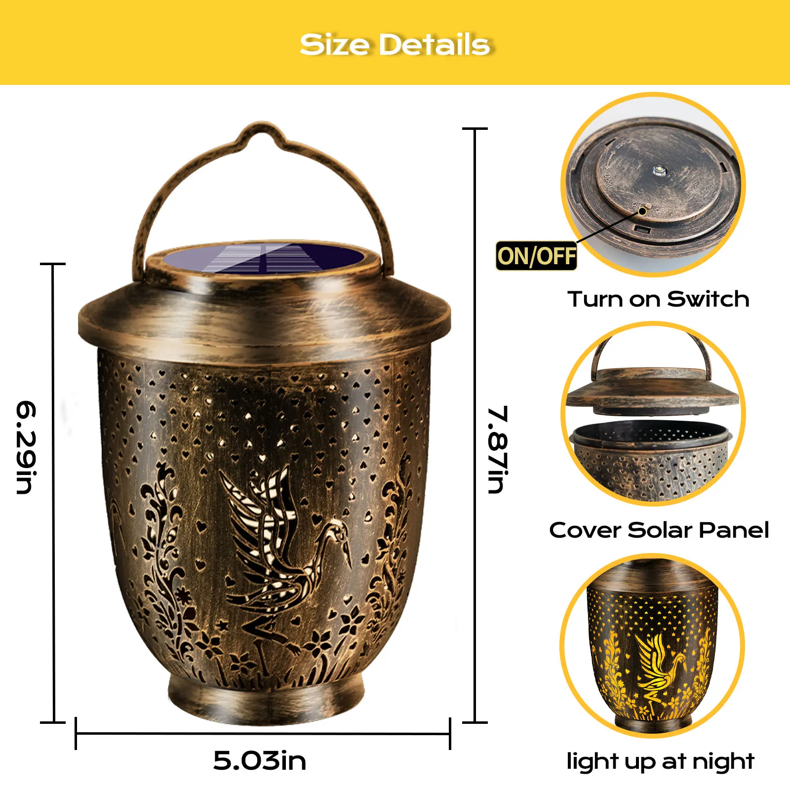 crane projection lantern size details, show dimension, on‑off switch, solar panel structure for outdoor.