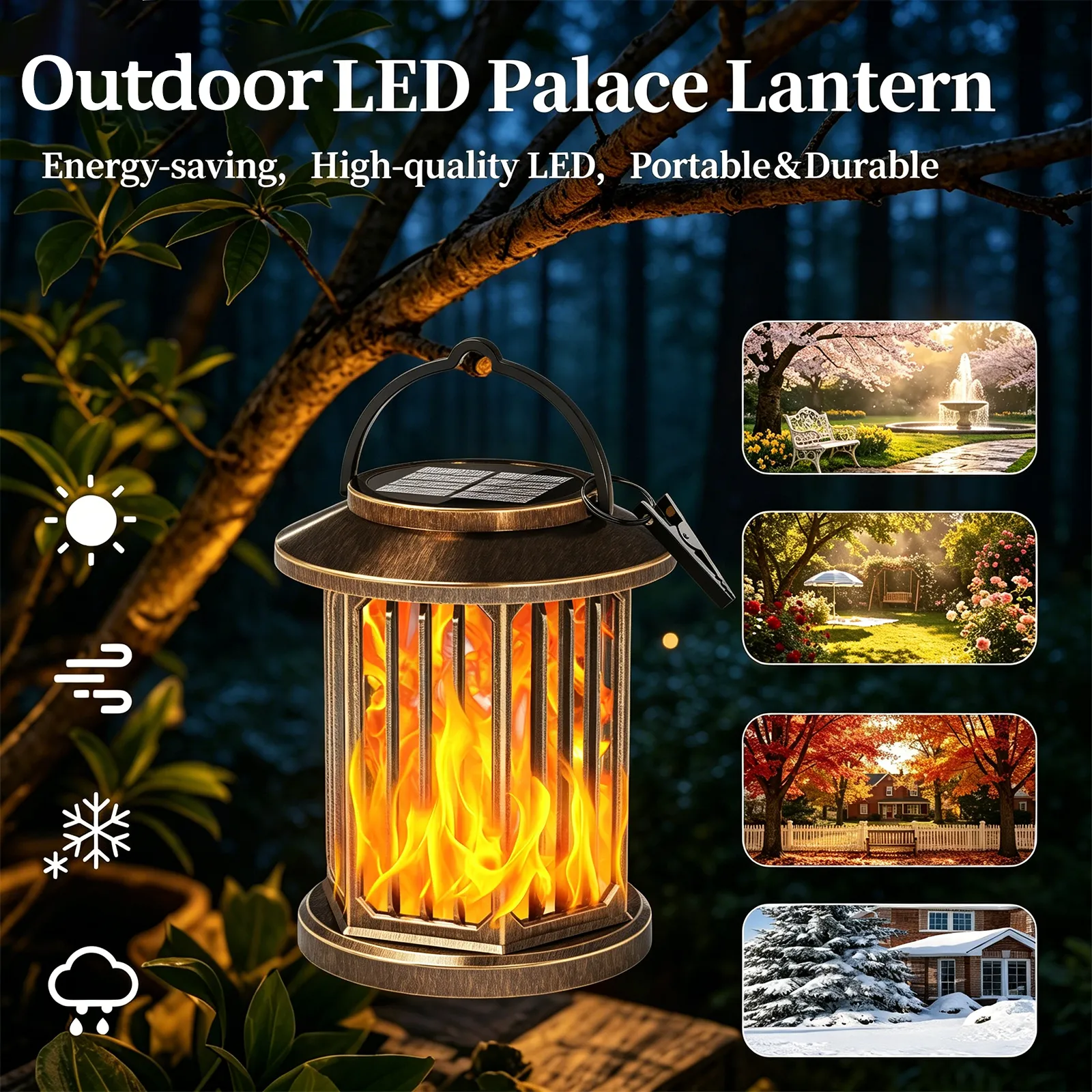 weather‑resistant antique bronze solar flame palace lantern, hanging on tree for all‑season.