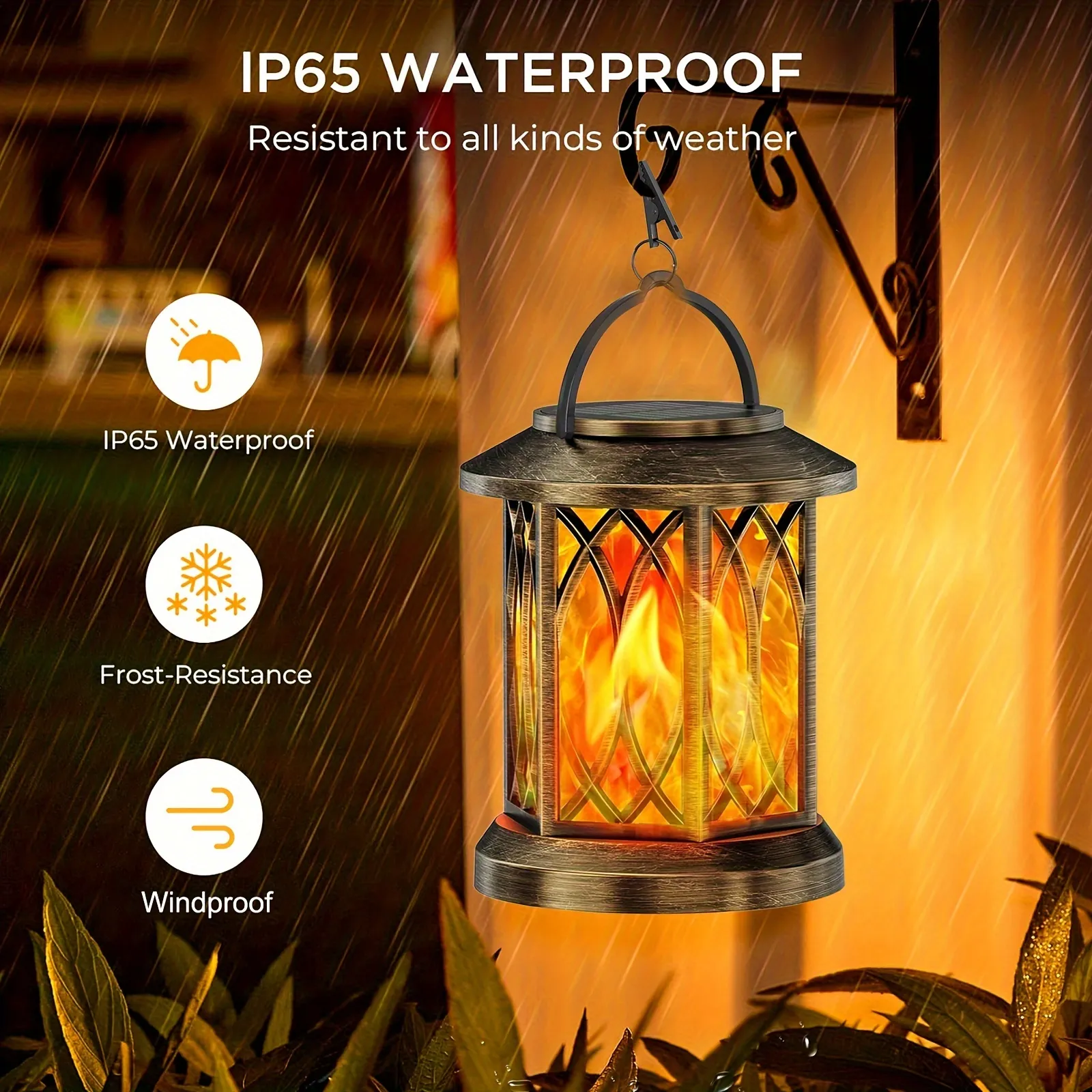 IP65 waterproof antique bronze solar flickering flame lantern, weather resistant for rainy.
