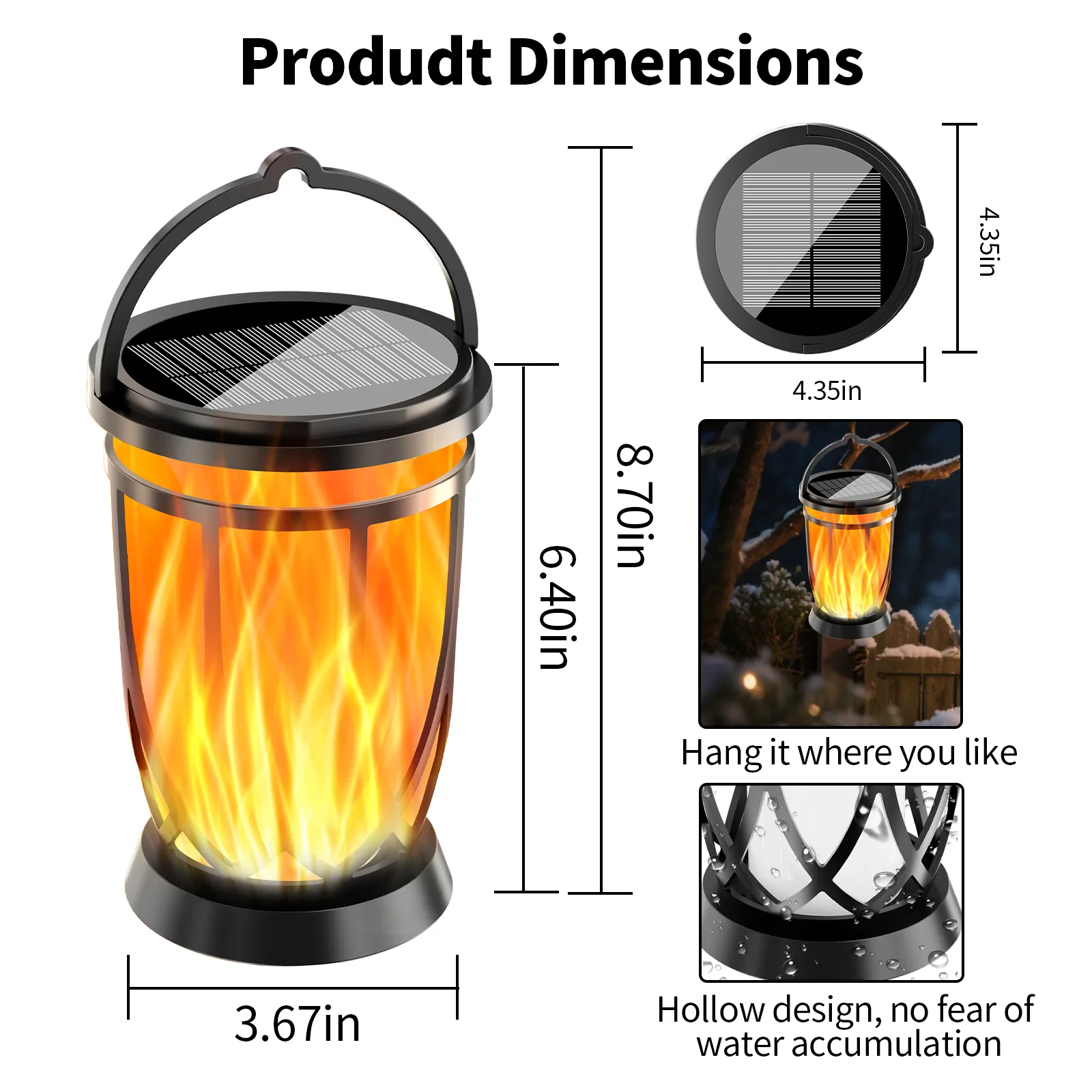 Product dimension chart of black abs plastic hanging flame lamp, show size and waterproof hollow structure for yard.