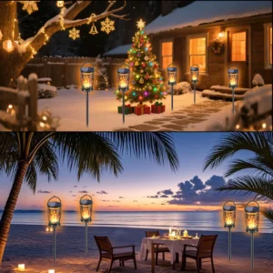 solar flame stake lantern multi‑scene display, works for snowy winter holiday and beach.