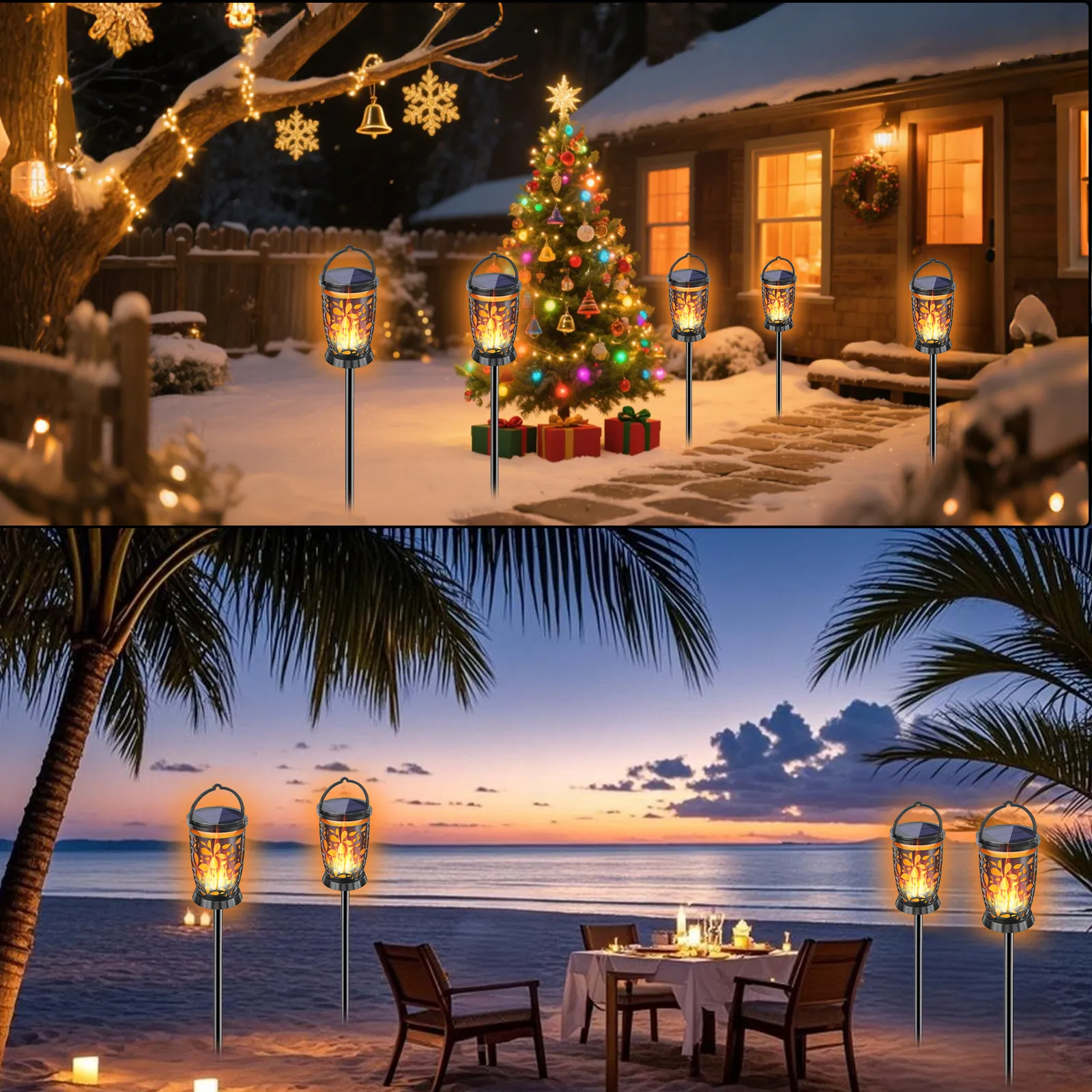 solar flame stake lantern multi‑scene display, works for snowy winter holiday and beach.