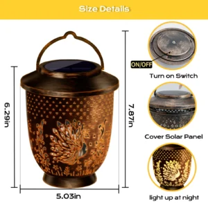 dimension details of bronze abs plastic solar peacock projection lantern.