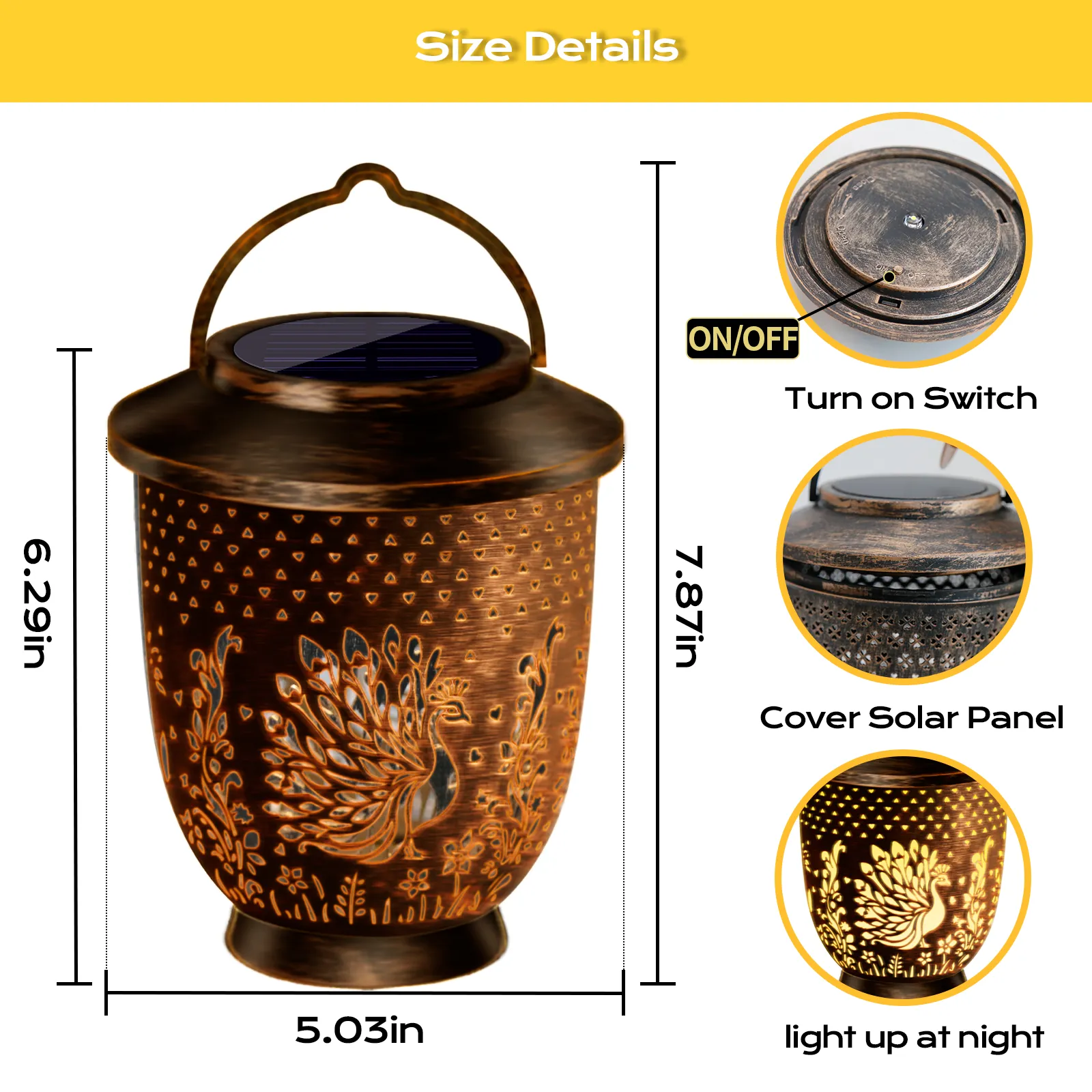 dimension details of bronze abs plastic solar peacock projection lantern.