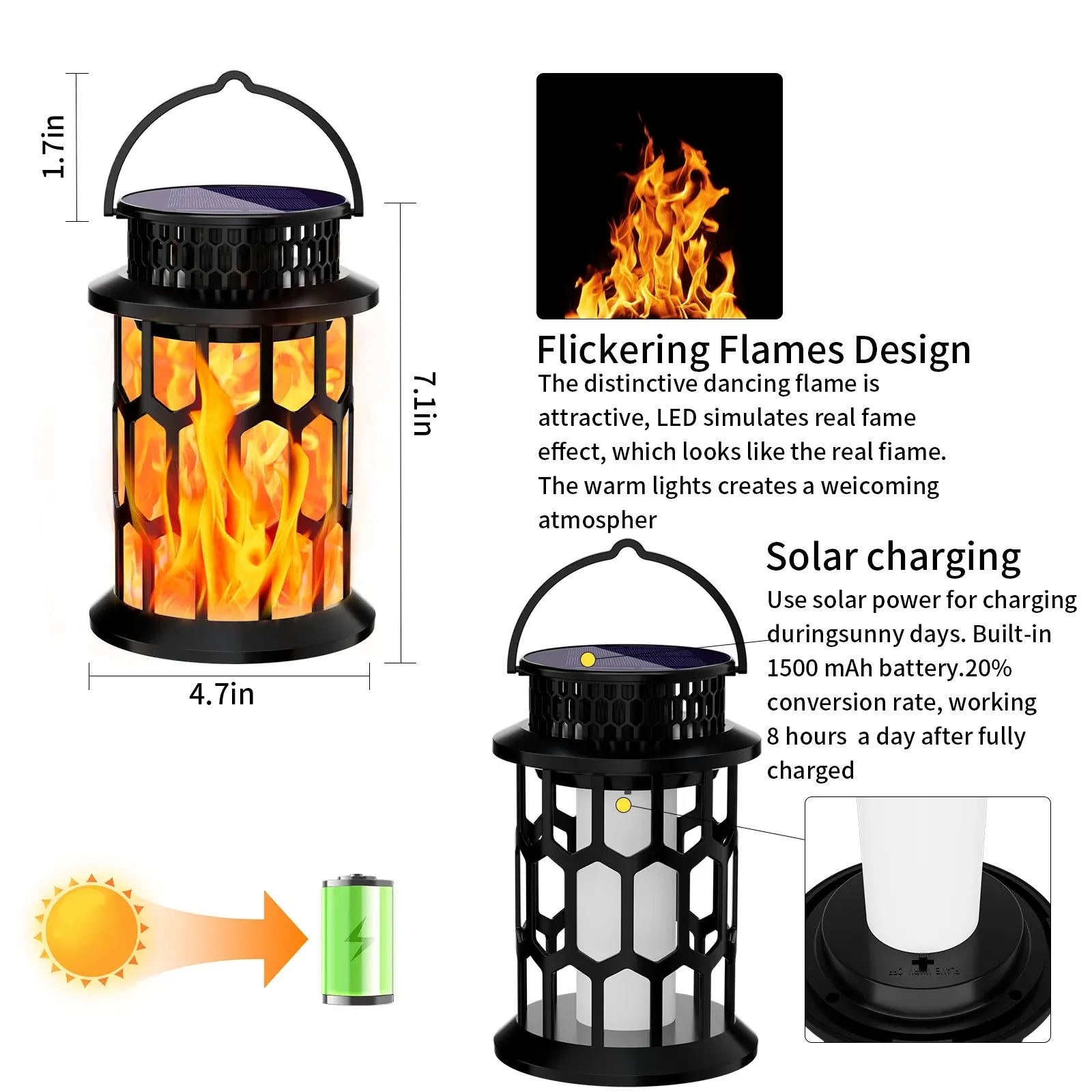 palace lantern with dimension display, flickering fire effect, rechargeable battery for outdoor landscape lighting.