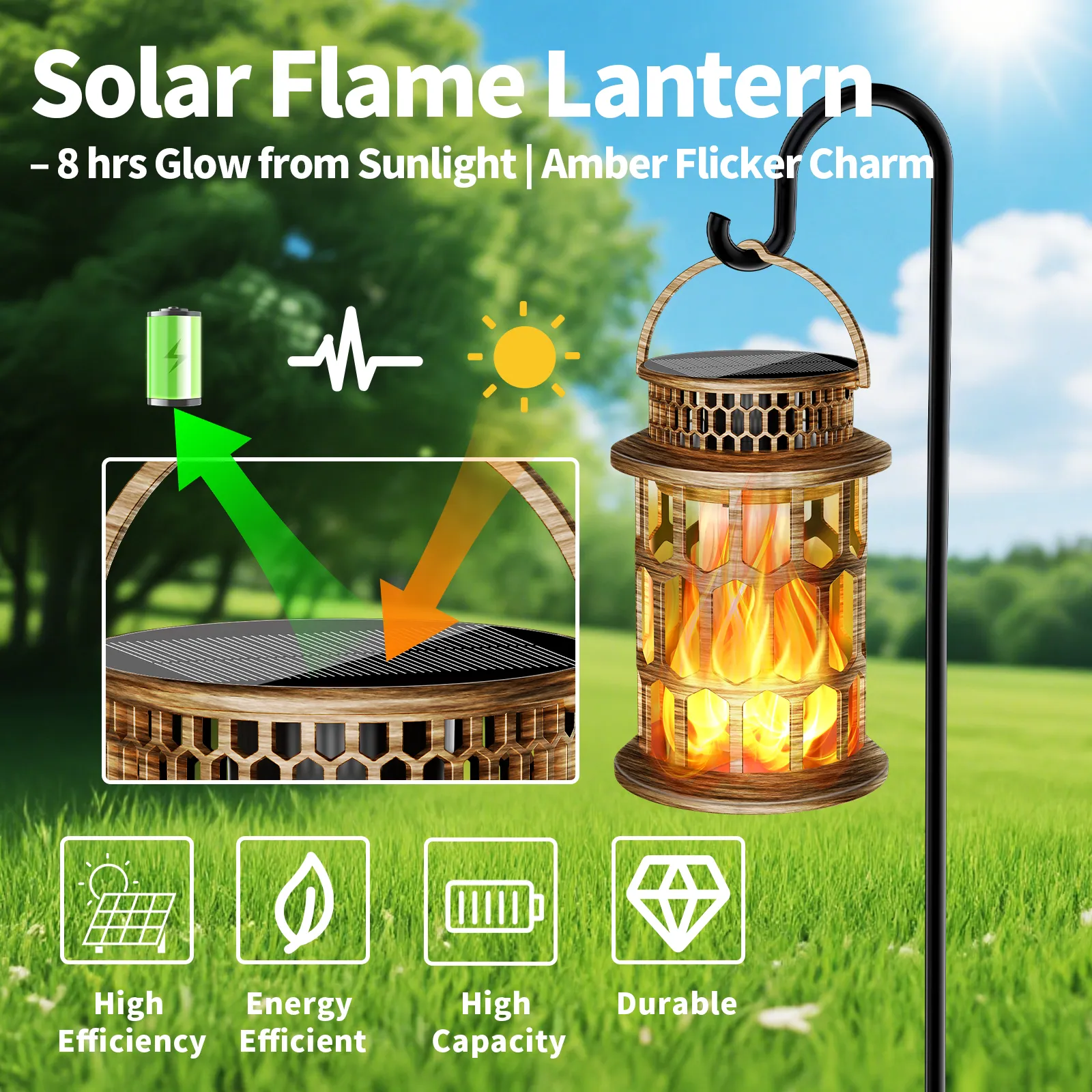 bronze grid solar flame lantern hanging on garden hook, high efficiency solar panel.