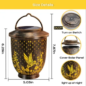 Size details of bronze bird garden lantern, show switch, solar panel and overall dimension parameters.