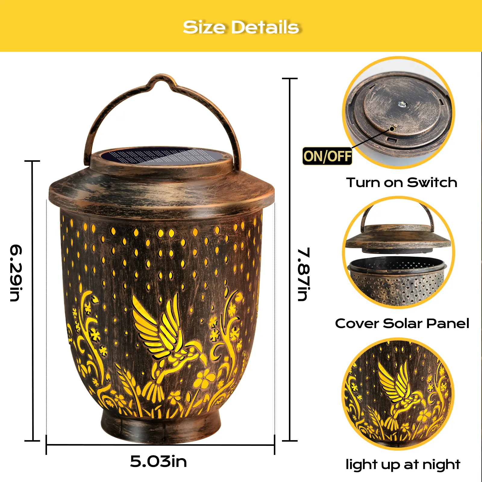 Size details of bronze bird garden lantern, show switch, solar panel and overall dimension parameters.