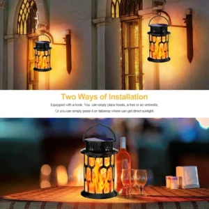 flame lantern supports two installation ways, hanging on wall or placed on table for outdoor.